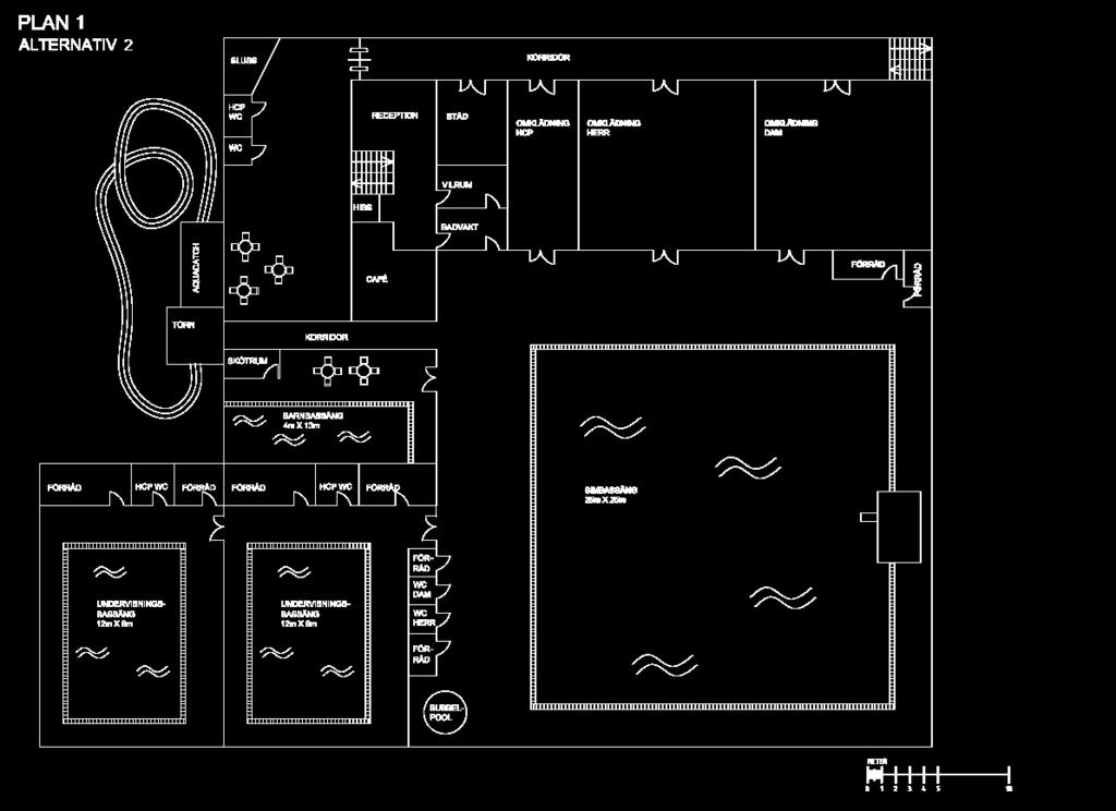 25-metersbassängen har ett hopptorn i den djupa bassängdelen med ett djup på 3,9 meter. PLAN 1 ALTERNATIV 2 Figur 8.