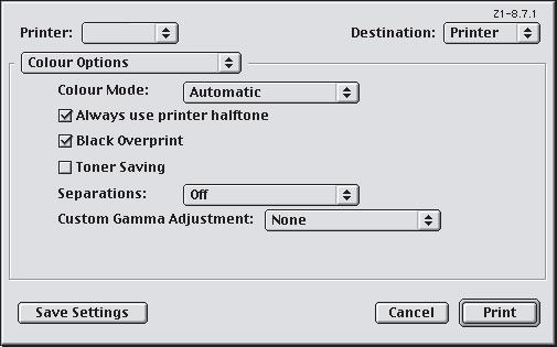 MAC OS 9 1. Välj [Arkiv] [Skriv ut]. 1 2 3 2. Välj din skrivarmodell på [Skrivare]-menyn (1). 3. Välj alternativet för färgalternativ (2). 4. Markera kryssrutan för svart övertryck (3). MAC OS X 1.
