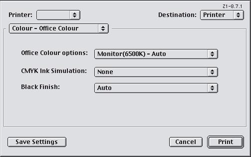 MAC OS 9 (VANLIGA FÄRGER) 1. Välj [Skriv ut] på [Arkiv]-menyn. 1 2 3 2. Välj din skrivare på [Skrivare]-menyn (1). 3. Välj [Färg Vanliga färger] på nästa meny (2). 4.