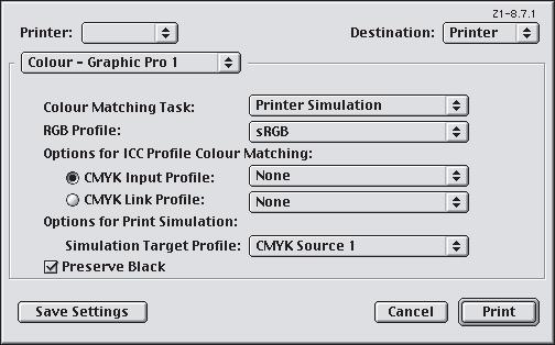 MAC OS 9 / CLASSIC Gör följande inställningar i skrivardrivrutinen om du använder ett RGB-källdokument när du simulerar en annan skrivares utskrift: 1. Välj [Arkiv] [Skriv ut]. 2.