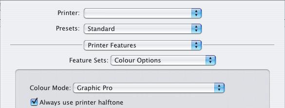 MAC OS X 1. Välj [Arkiv] [Skriv ut]. 1 2 3 4 2. Välj din skrivarmodell på [Skrivare]-menyn (1). 3. Välj [Skrivarfunktioner] (2). 4. Välj alternativet för färgalternativ på [Funktionsuppsättningar]-menyn (3).