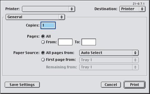 MAC OS9.X 1. Välj [Arkiv] [Skriv ut]. 1 2 3 2. Välj din skrivarmodell på [Skrivare]-menyn (1). 3. Välj [Allmänt] (2). 4. Ange antalet kopior (3) som du vill skriva ut. 4 5 5.