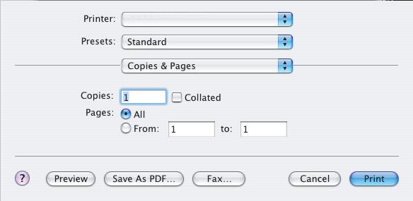 MAC OS X 1. Välj [Arkiv] [Skriv ut]. 1 2 3 2. Välj din skrivarmodell på [Skrivare]-menyn (1). 3. Välj alternativet för kopior & sidor (2).