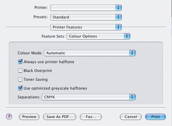 MAC OS X 1. Välj [Arkiv] [Skriv ut]. 1 2 3 4 2. Välj din skrivarmodell på [Skrivare]-menyn (1). 3. Välj [Skrivarfunktioner] (2). 4. Välj alternativet för färgalternativ på [Funktionsuppsättningar]-menyn (3).