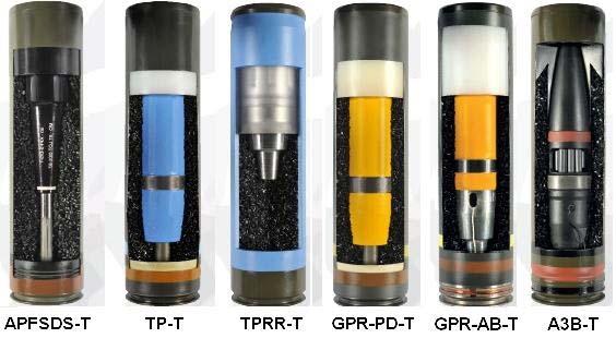 Två spränggranater (GPR-PD-T och GPR-AB-T) varav den första har ett anslagständrör och den senare tidsinställning för luftbrisad; Luftvärnsgranat (A3B-T) som bekämpar långsamma luftfarkoster genom
