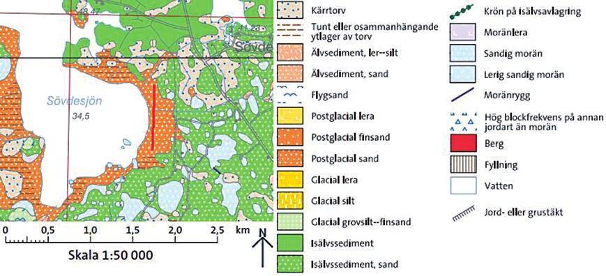 Figur 2. Sträckning för profil 1. Färgkodningen är likt jordartskartor från SGU. Kartunderlag är jordartskartan (SGU Ae 99). Figur 2 visar placeringen av profil 1 ovan jordartskartan.
