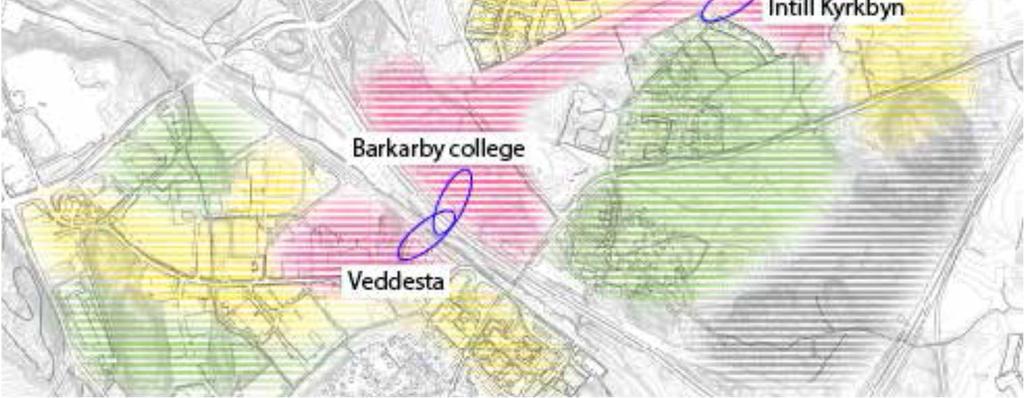 För Barkarbystaden och Barkarbystation har fyra respektive två alternativa stationslokaliseringar studerats (se figur 13 nedan). Figur 13. Utredda stationsplaceringar enligt lokaliseringsutredningen.