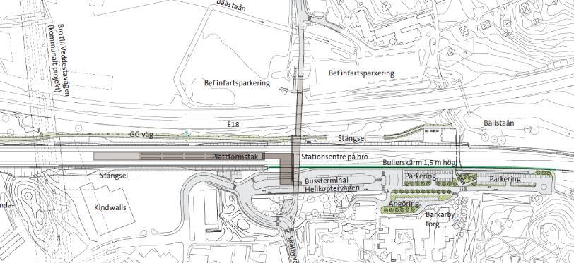 Utredning 34(52) Figur 15. Skiss över tänkt placering av bussterminal kopplad till den södra stationsentrén, enligt gestaltningsprogram för järnvägsplan Barkarby-Kallhäll från 21 17.