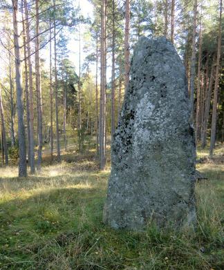 2011-11-01 14 73 74 (Raä Håbo-Tibble 114:1) På en höjd 50 m ö Håtuna-vägen och 50 m v äldre väg (Alby). Vid f d Råbacka torp. Höjd ca 275 cm. Otydlig inskription.