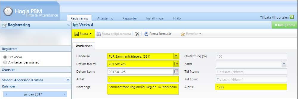 À pris: Fyll i den arvodesnivå som det aktuella sammanträdet. Klicka sedan på Spara. Se exemplet nedan på hur ett regionrådsmöte den 25 januari 2017 i Region 14 Stockholm har rapporterats.