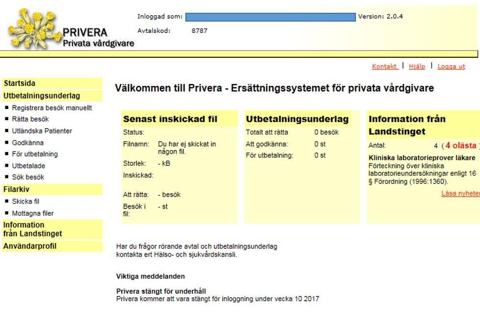 Information Viktig information möter dig på startsidan: när senaste filen skickats in, om det finns