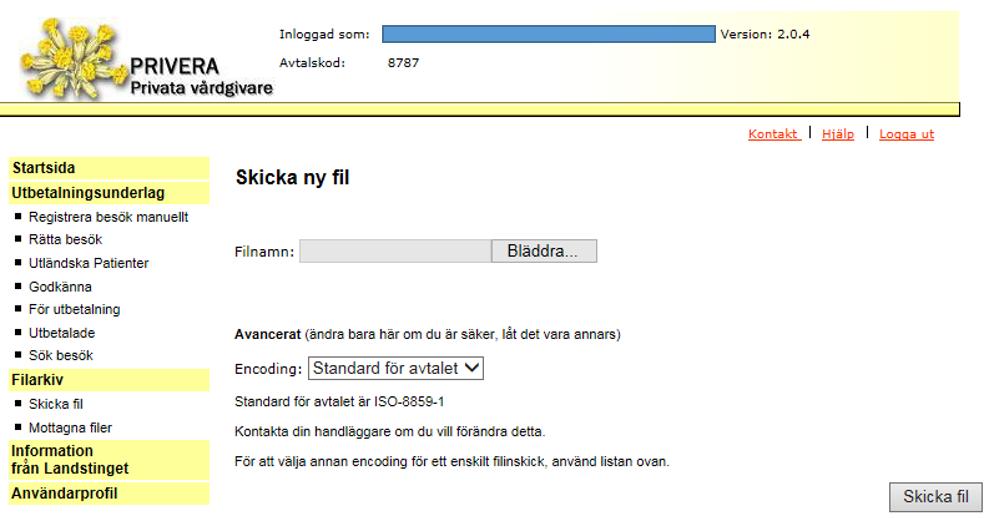 Skicka in fil Gå in i funktionen Skicka fil under rubriken Filarkiv. Filen skall skickas enligt en tidplan som landstinget/regionen har bestämt. Denna tidplan finns oftast publicerad som en nyhet.