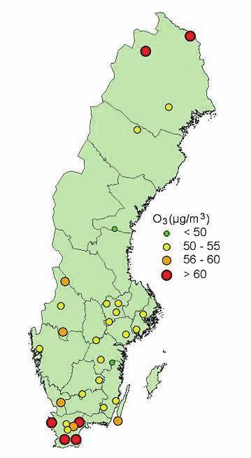 Figur 1. Lufthalter av marknära ozon under 1 april 30 september 2005 var oftast över 50 μg/m 3 i bakgrundsmiljö. Mätt med diffusionsprovtagare och beräknat som medelvärde för månadsmedelvärden.