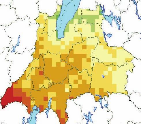 Figur 3. Modellberäknat nedfall av försurande svavel i Jönköpings län under hydrologiska året 2003/04. Beräkningar utförda av SMHI på uppdrag av IVL och Jönköpings läns Luftvårdsförbund.