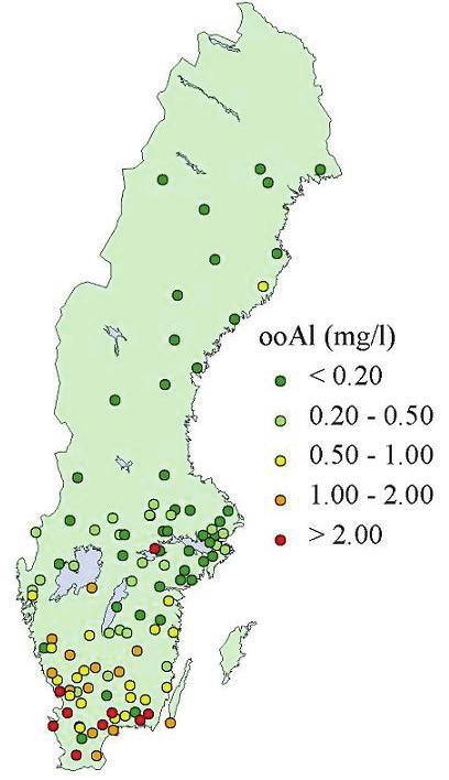 Figur 7. Halter av oorganiskt aluminium i markvatten från 0,5 m djup i mineraljorden. Medianvärden från provtagningar oktober 2002 till septembet 2005.