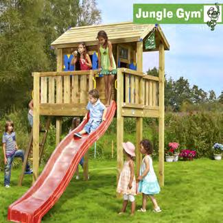 Jungle Gym "Lekstuga torn XL" Lekstuga med balkong ovanför marken Jungle Gym Playhouse XLs upphöjda plattform kombinerar lekstuga i trä, som är perfekt till inomhuslekar, med en fin utomhusbalkong.