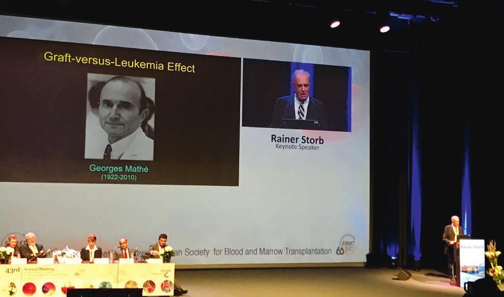 cellterapi Georges Mathé, som lade grunden för transplantationsimmunologin som fält och definierade GVL-begreppet, var en av toppforskarna som framträdde på årets EBMT-möte.