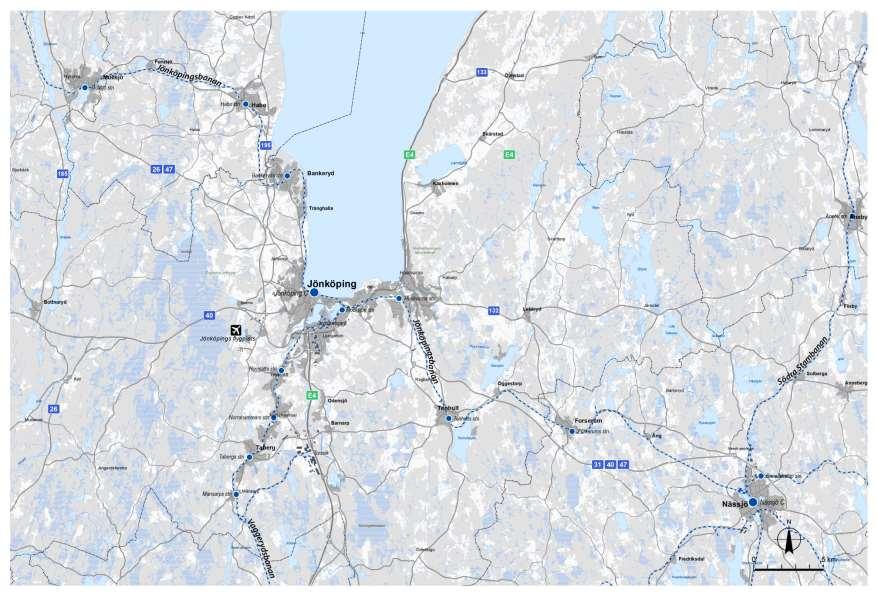 4.1.2 Väg- och järnvägsnät I Jönköping möts flera större vägar och staden utgör en knutpunkt mellan väg 40 som sträcker sig i öst-västlig riktning, mellan Göteborg och Västervik, och väg E4 i