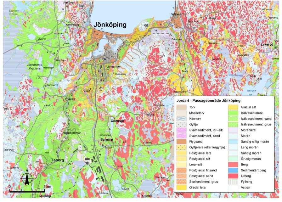 4.1.6 Geologi Jordarterna i Jönköping med omland visas i Figur 16. 4.1.6.1 Underlag Sveriges Geologiska Undersökning (SGU) har tagit fram ett uppdaterat berg-, jord- och vattenrelaterat kart-, data- och informationsmaterial för projektet Götalandsbanan.