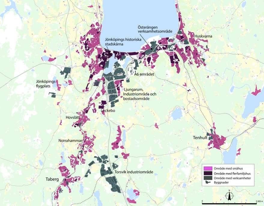 4.2.2 Tätortsstruktur Vättern och den dramatiska topografin i sjöns närområde har haft stor betydelse för lokaliseringen och utvecklingen av bebyggelsen i Jönköping.