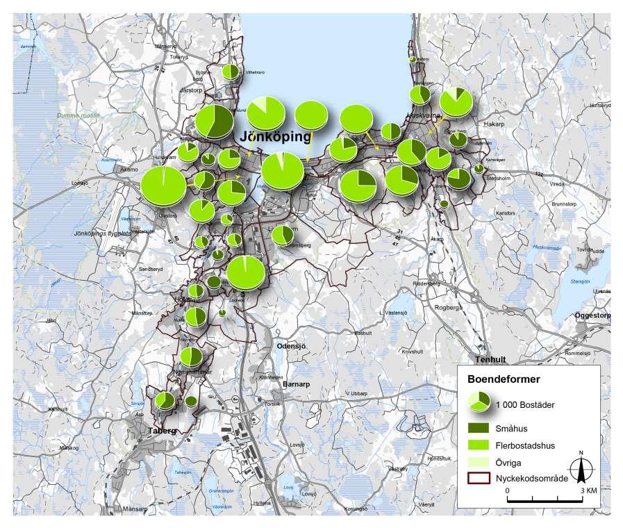 På sluttningarna öster och väster om Jönköpings centrum, liksom längs Tabergsdalen och Tenhultsdalen består bebyggelsen främst