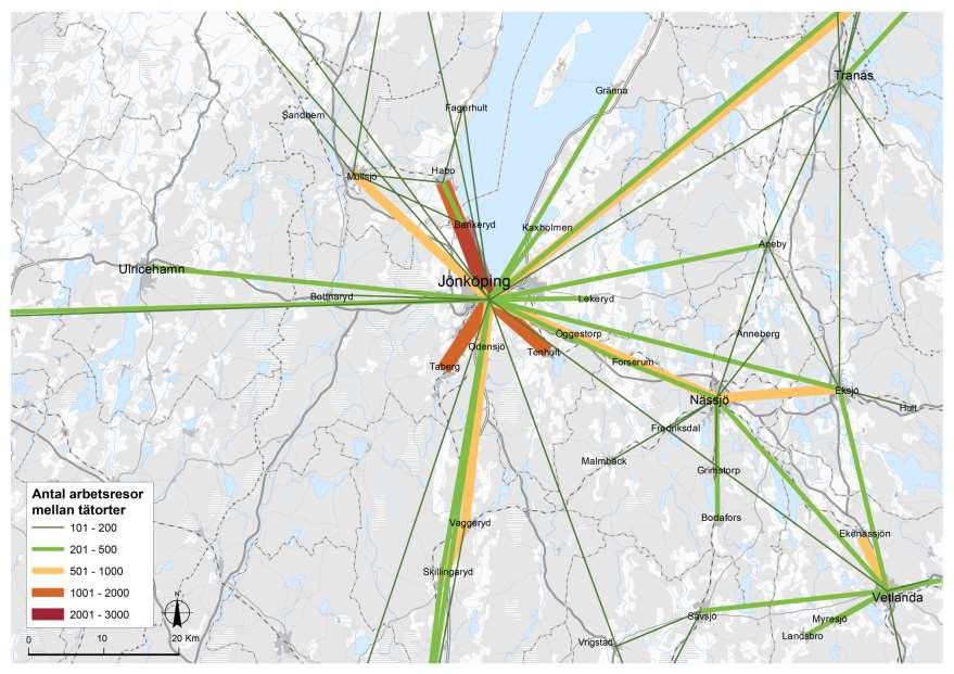 Den relativt sett glesare strukturen västerut från tätorten sett avspeglar sig även i figuren med pendlingsflöden, där pendlingsutbytet med Ulricehamn och Borås/Göteborg är relativt litet.