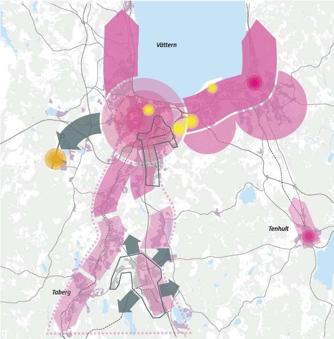 4.3.3 Analys av tätorten och dess utveckling Tätortsutvecklingen har skett i olika etapper. Jönköping och Huskvarna framstår som delcentrum med olika historisk förankring.