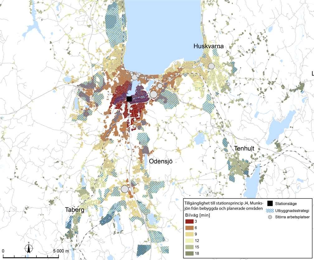 7.1.5 Effekter på tillgänglighet, användbarhet och samhällsutveckling Stationsprincipen ligger där det nord-sydliga stråket centrum E4 korsar det öst-västliga stråket, som utgörs av väg 40 i väster