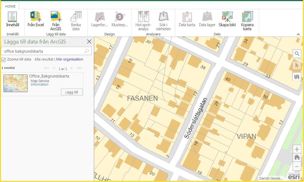 5. Lägg till Trelleborgs bakgrundskarta Inne i ArcGIS Maps for Office kan du även lägga till Trelleborgs bakgrundskarta.