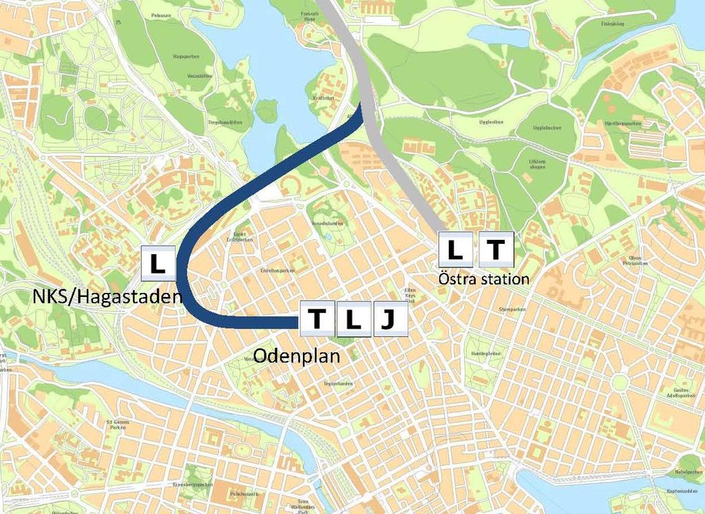12(26) 1.c) Roslagsbanan via Värtabanan och Nya Karolinska till Odenplan samt bibehållen till Östra station.