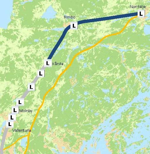 15(26) Figur. Principsträckning för alternativet där Roslagsbanan förlängs från Kårsta till Rimbo och Norrtälje.