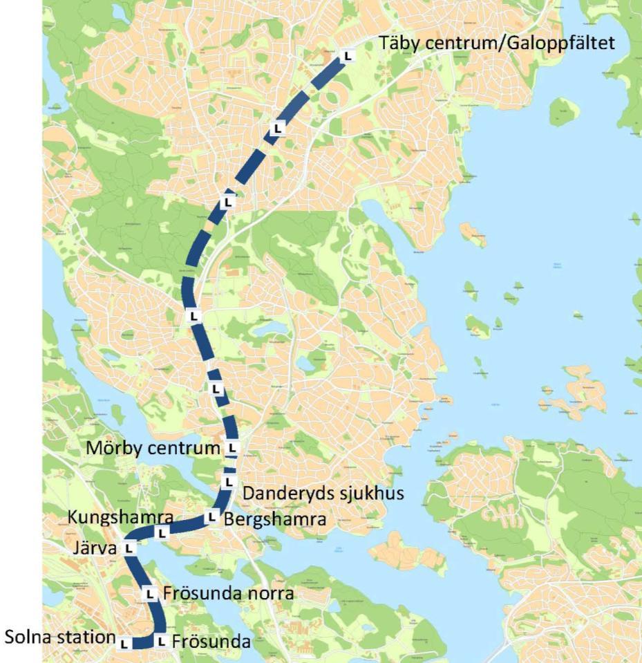 19(26) 3) Tvärbanan från Solna vidare mot nordost Övergripande, sträckning och stationer Alternativet innebär att Tvärbanans Solnagren förlängs från Solna station och vidare mot Nordost.