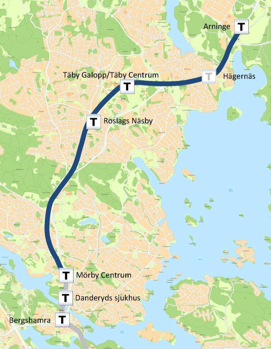 21(26) Figur. Principsträckning för röda linjens förlängning från Mörby via Täby centrum till Arninge. Hägernäs är markerat som ett tänkbart stationsläge.