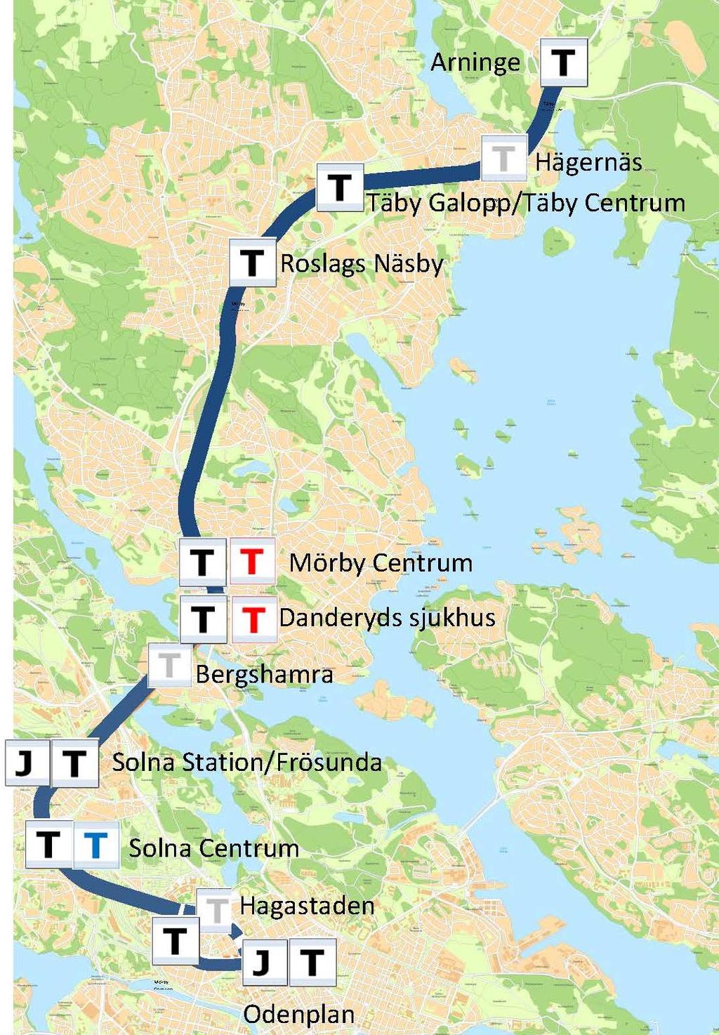 23(26) Figur. Principsträckning för ny tunnelbana från Odenplan via Solna till Mörby centrum och vidare via Täby centrum till Arninge.