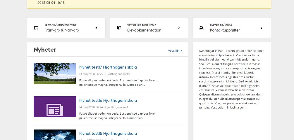 Längre ner på sidan kan du se ett avsnitt för Kalender och ett för Kalendarium. Kalendern är en spegling av ditt valda skolbarns kalender i Outlook, vilken då även innehåller barnets schema för dagen.