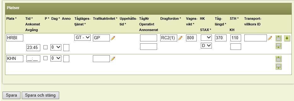 Genom att klicka på den knappen infogas en plats före eller efter, beroende på vilken knapp man trycker, där man fyller i behövliga uppgifter (Tid, aktivitet bl.a.).