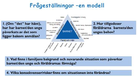 38 (96) Till varje frågeställning formuleras sedan ett antal konkreta frågor, som när de besvaras, ger handläggaren svar på frågeställningarna.