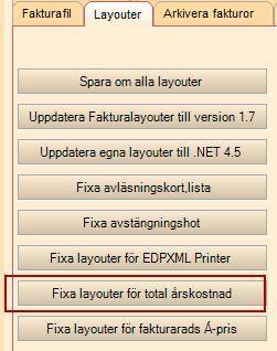 Visa faktura Kunddialog, flik Reskontra samt i Faktura>Visa faktura. För att snabba upp visningen av fakturor, gå till System > FFIX, flik Layouter, knappen Fixa layouter för total årskostnad. OBS!