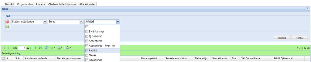 I systemet visas alltid default standard inställning. Du kan se vilka standardvärden som är inlagda genom att gå in under urvalsfliken Filter.