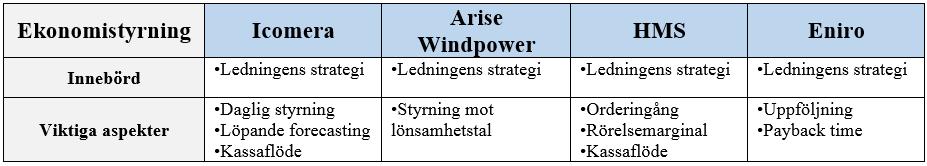 5.6.1.2 Viktiga aspekter med ekonomistyrning De viktiga aspekterna vid ekonomistyrning skiljer sig åt mellan fallföretagen.