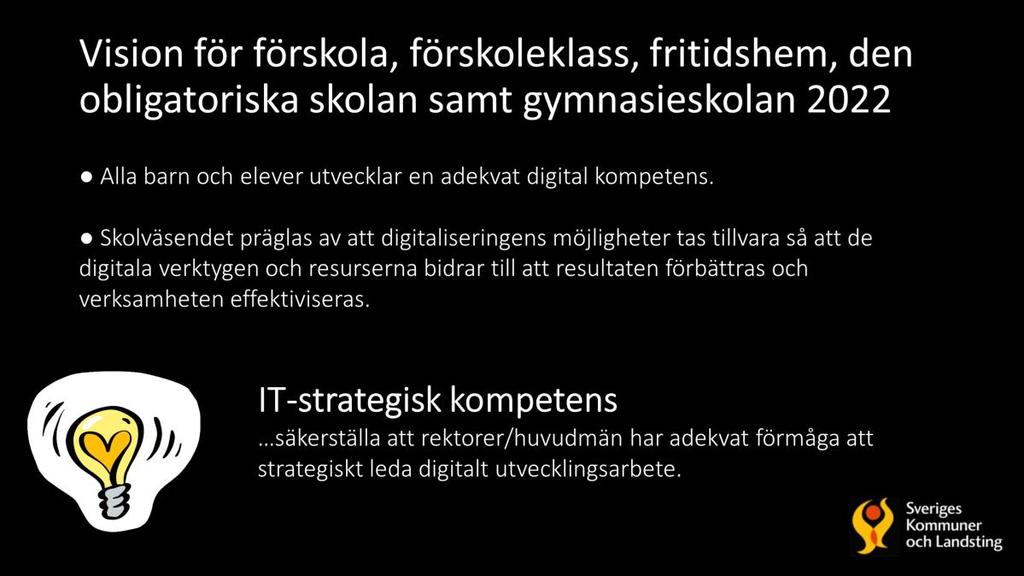 Skolverket har formulerar en vision kopplat till strategierna: I visionen används uttrycket adekvat digital kompetens för att tydliggöra att den digitala kompetensen förändras över tid.