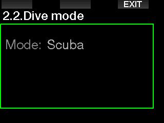 2.2.2 Dive mode (välja algoritm) I G2 kan du välja mellan lägena Scuba, Gauge och Apnea. När G2 inte har varit under vatten på ett tag ser displayen ut som i beskrivningen i bilden nedan: 2.2.3 Säkerhetsstopptimer Säkerhetsstopptimerns varaktighet och läge går att redigera i den här menyn.