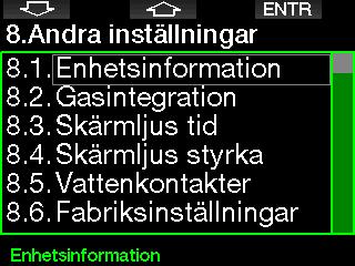 Du kan också kontrollera batteristatusen manuellt, ställa in bakgrundsbelysningen, aktivera uppgraderingar och återställa enheten till