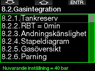 2.8.2 Gasintegration I den här menyn kan du redigera alla inställningar som relaterar till gasintegration. 2.8.4 RBT-varning eller larm I den här menyn kan du välja om situationen RBT= 0 minuter behandlas som en varning eller ett larm (syns endast om PMG är installerat).