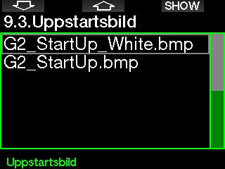 3 Uppstartsbild I G2 kan du välja en personlig bild som visas i åtta sekunder när du slår på datorn. I den här menyn väljer du bilden bland de som finns tillgängliga i datorns minne. OBS!