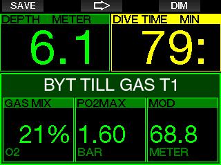 G2 visar texten BYTE TILL GAS T1 LYCKAD i fyra sekunder och anpassar dekompressionsschemat därefter.