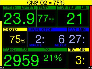 CNS O 2 når 75 % varnar G2 dig tills värdet hamnar under 75 %. 3.5.5 Gå in i dekompressionsstopp G2 kan aktivera en varning när det första obligatoriska dekompressionsstoppet visas.