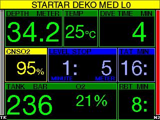 3.5.14 Gå in i dekompressionsstopp vid L0 VARNING! När datorn är i Gauge mode är alla varningar och larm AV förutom larmen för lågt batteri, tankreserv, maxdjup, maximal dyktid och trycksignal.