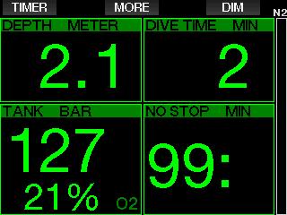 Om du stiger upp till ytan under dyket räknas tiden vid ytan enbart om du går ner igen under 0,8 m/3 ft inom 5 minuter (standardinställning, eller kan du ställa in det på 3 30 minuter).