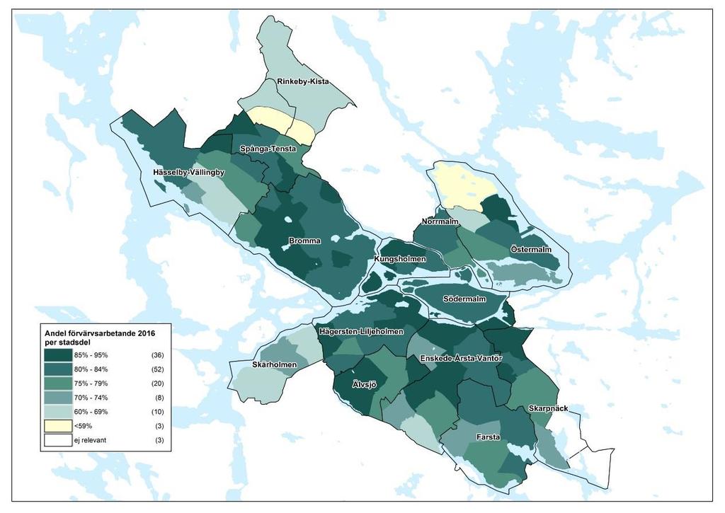 De områdena med lägst förvärvsfrekvens återfinns i stadens ytterkanter. Den lägsta förvärvsfrekvensen finner man i Universitetet (Östermalm) med 44 procent.